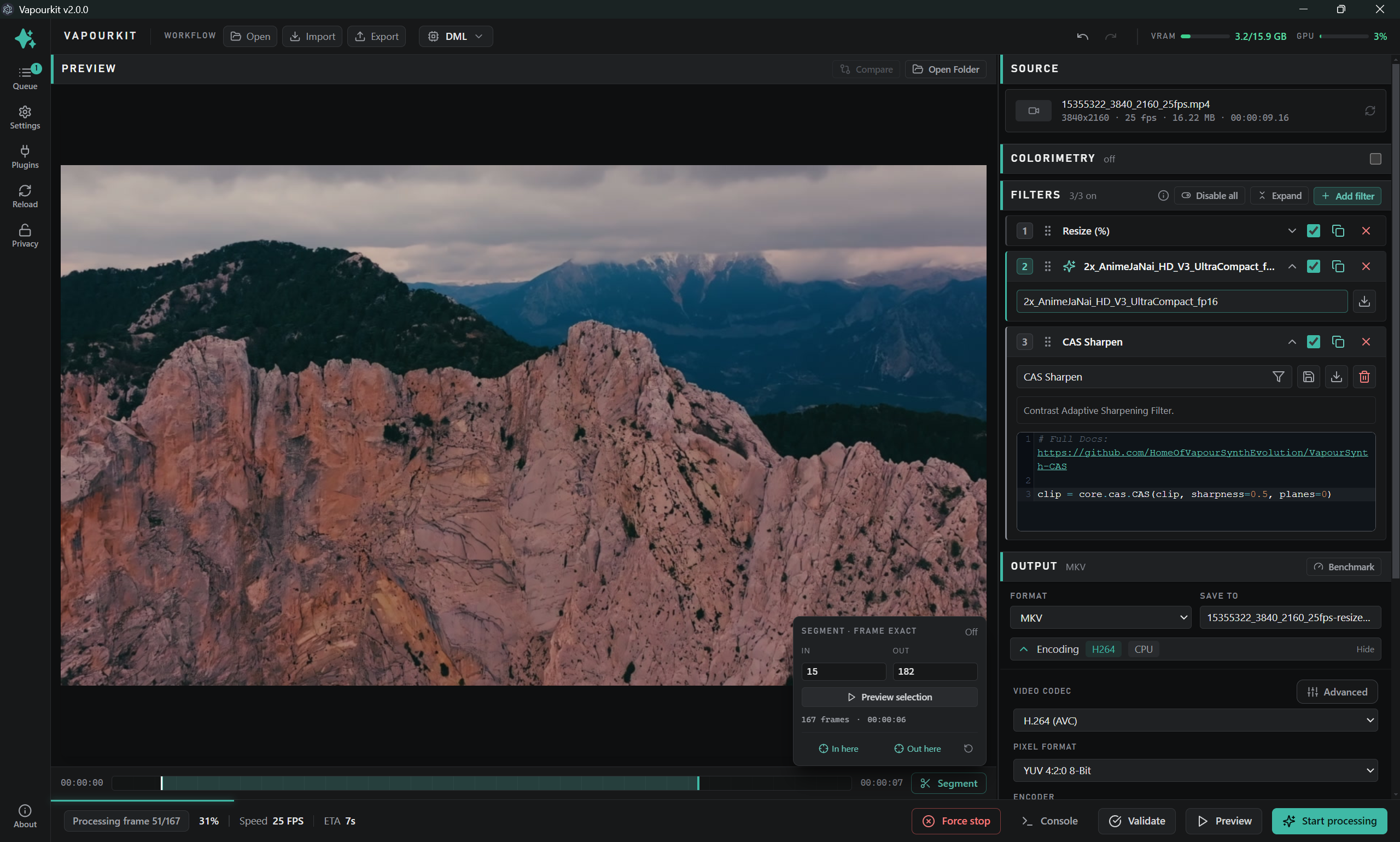 Vapourkit v2.0.0 interface showing video preview, filters, source controls, and output settings